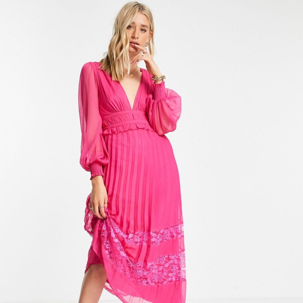 Asos Hot Pink Design Tall Plunge Pleated Midi Dress With Lace Insert Hem